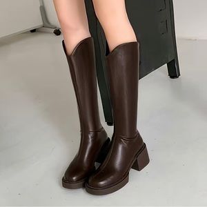 Chunky heel knee high brown faux leather boots